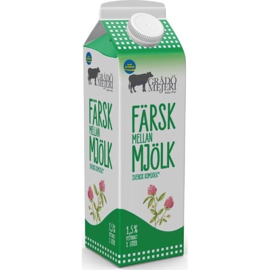 Grådö Mejeri, Mellanmjölk 1,5% 1 liter, back om 15 st (styckpris)